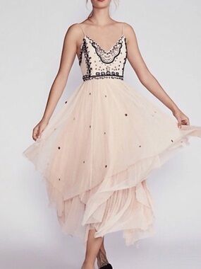 Rare Free People Embellished Tulle Maxi Dress | Blush | Open Back | MSRP $350